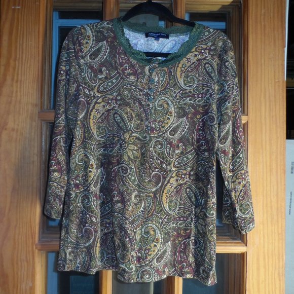 Jones New York Signature 3/4 Sleeve - Green/Gold/Berry Paisley: Size Large - Picture 2 of 6